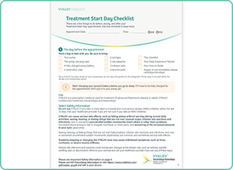 VYALEV™ treatment start day checklist.